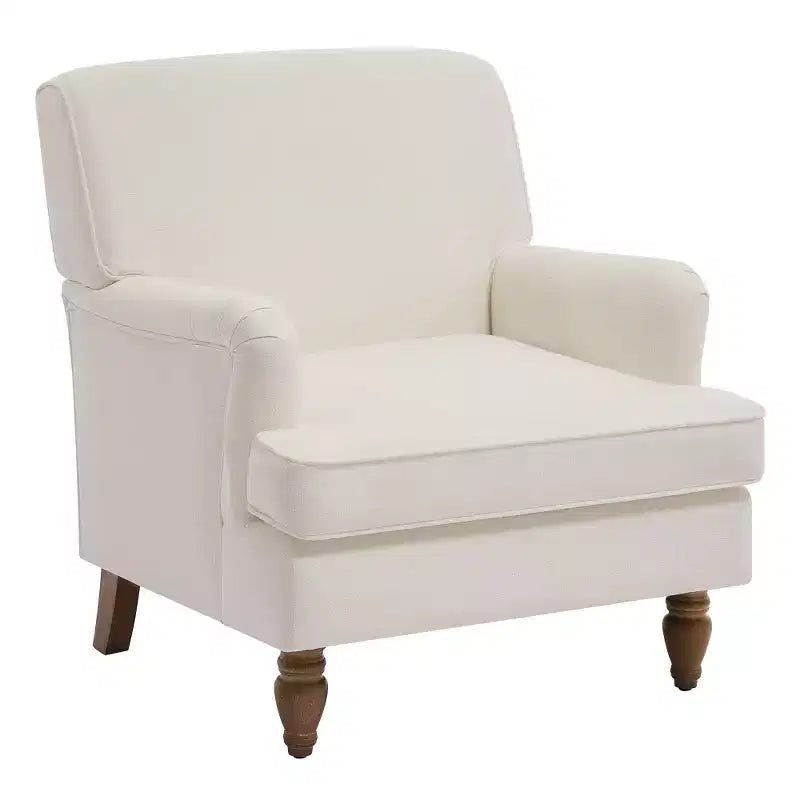 Fauteuil vintage en lin avec accoudoirs tapissés et pieds en bois massif ancien
