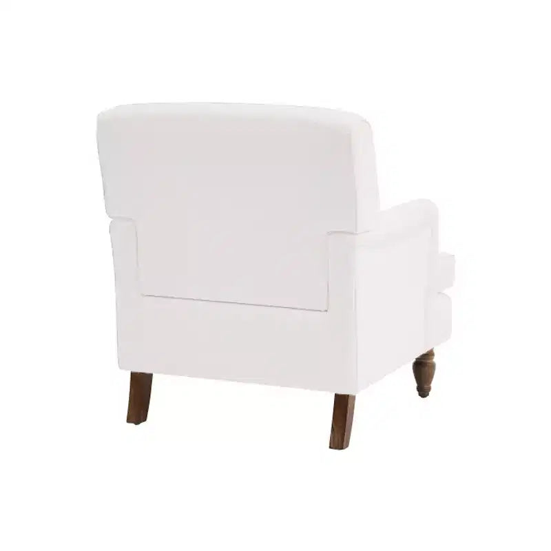 Fauteuil vintage en lin avec accoudoirs tapissés et pieds en bois massif ancien