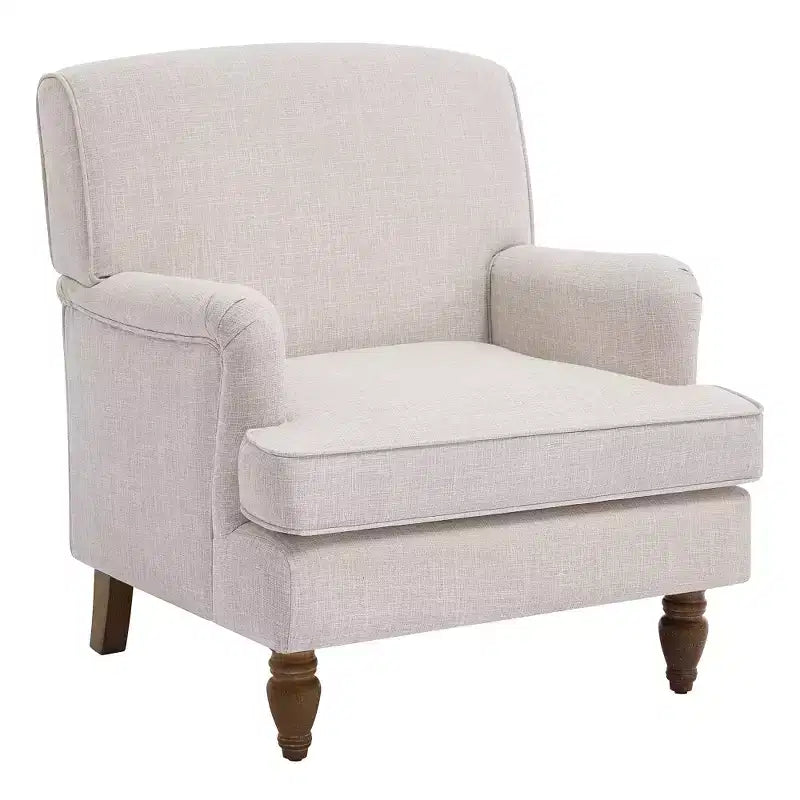 Fauteuil vintage en lin avec accoudoirs tapissés et pieds en bois massif ancien