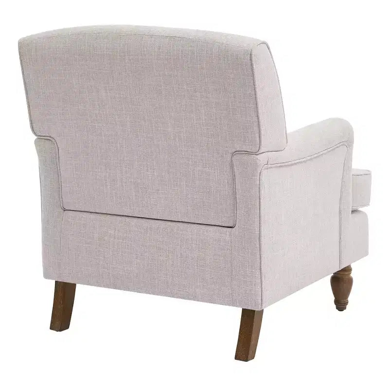 Fauteuil vintage en lin avec accoudoirs tapissés et pieds en bois massif ancien
