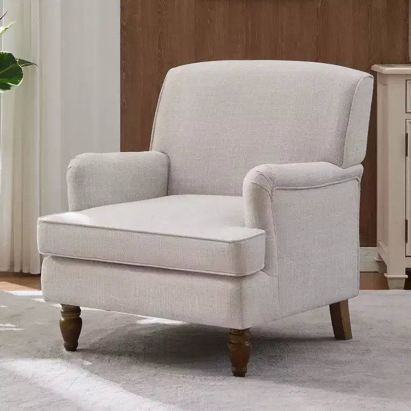 Zeus & Ruta Vintage Linen Armchair with Upholstered and Antique Solid Wood Legs, Single Accent Chair for Home