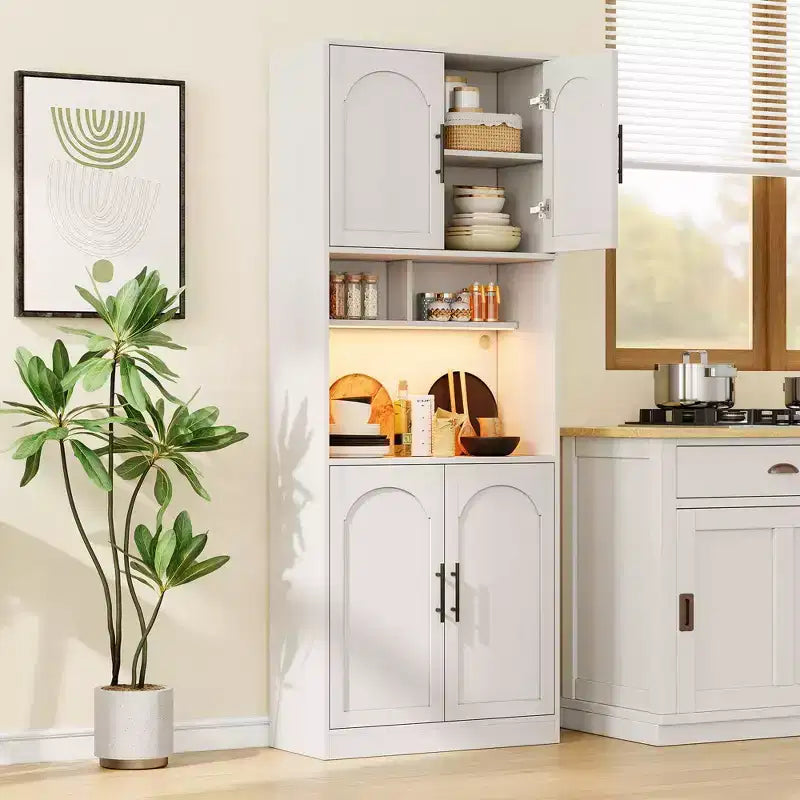 Kitchen Pantry Cabinet with RGB Light, Tall Kitchen Hutch Bar Cabinet with Microwave Stand and Barn Doors & 2 Open Shelves