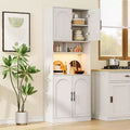 Kitchen Pantry Cabinet with RGB Light, Tall Kitchen Hutch Bar Cabinet with Microwave Stand and Barn Doors & 2 Open Shelves
