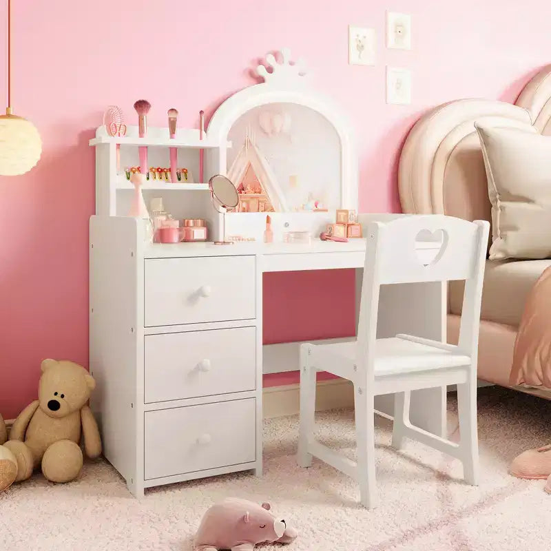 Bureau d'étude pour enfants avec chaise miroir - Bureau de toilette de princesse rose