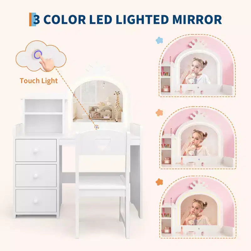 Bureau d'étude pour enfants avec chaise miroir - Bureau de toilette de princesse rose