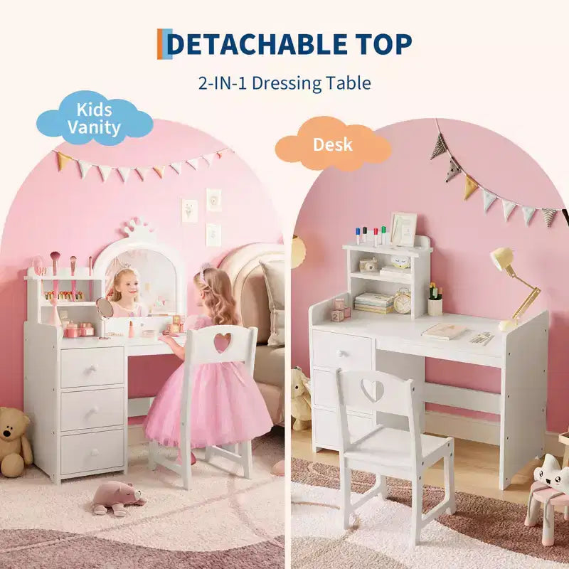 Bureau d'étude pour enfants avec chaise miroir - Bureau de toilette de princesse rose