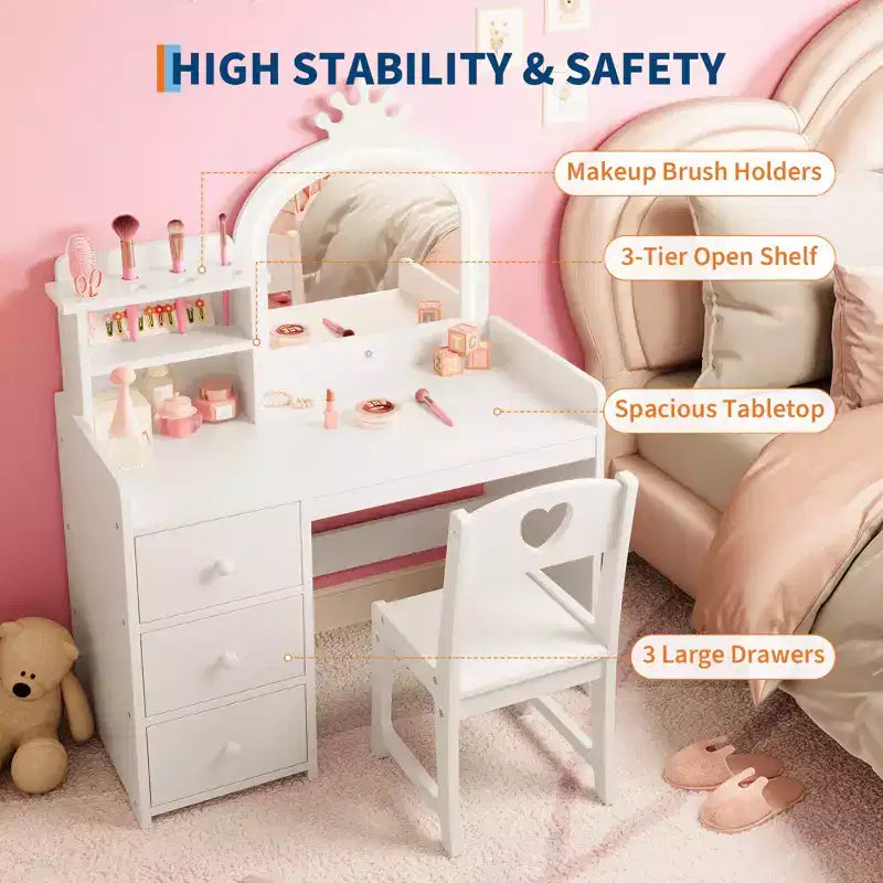 Bureau d'étude pour enfants avec chaise miroir - Bureau de toilette de princesse rose