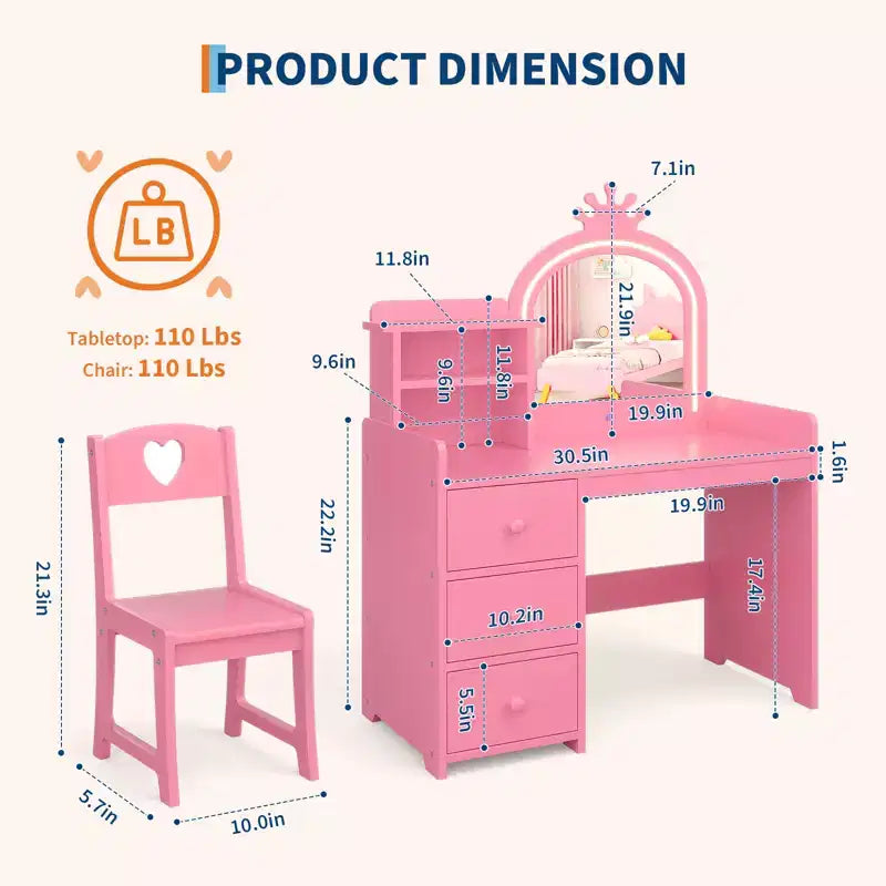Bureau d'étude pour enfants avec chaise miroir - Bureau de toilette de princesse rose
