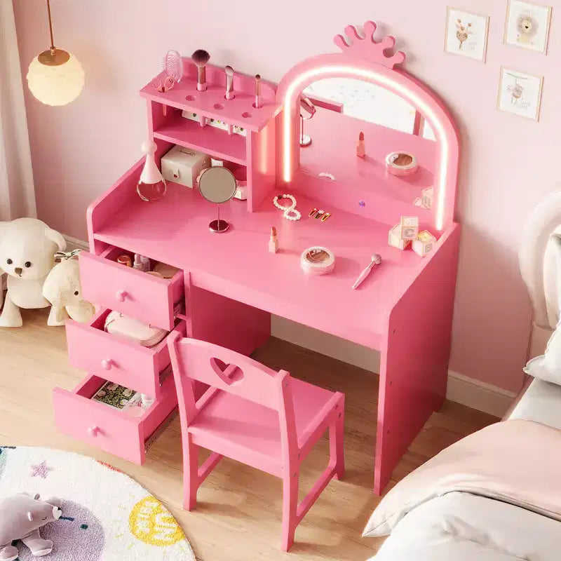 Bureau d'étude pour enfants avec chaise miroir - Bureau de toilette de princesse rose