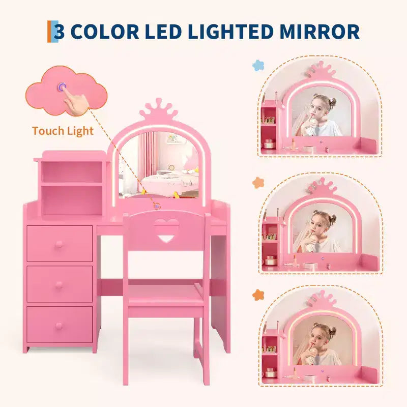 Bureau d'étude pour enfants avec chaise miroir - Bureau de toilette de princesse rose