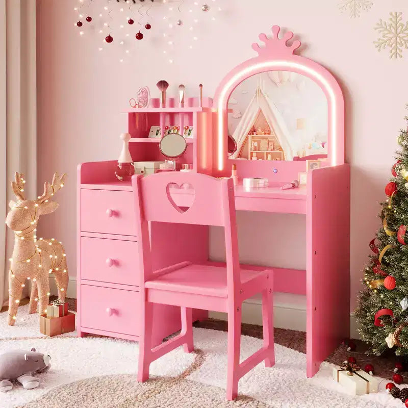 Bureau d'étude pour enfants avec chaise miroir - Bureau de toilette de princesse rose