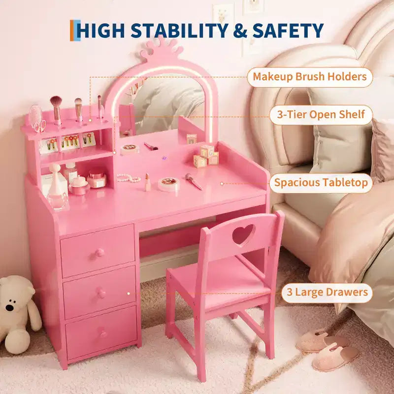 Bureau d'étude pour enfants avec chaise miroir - Bureau de toilette de princesse rose
