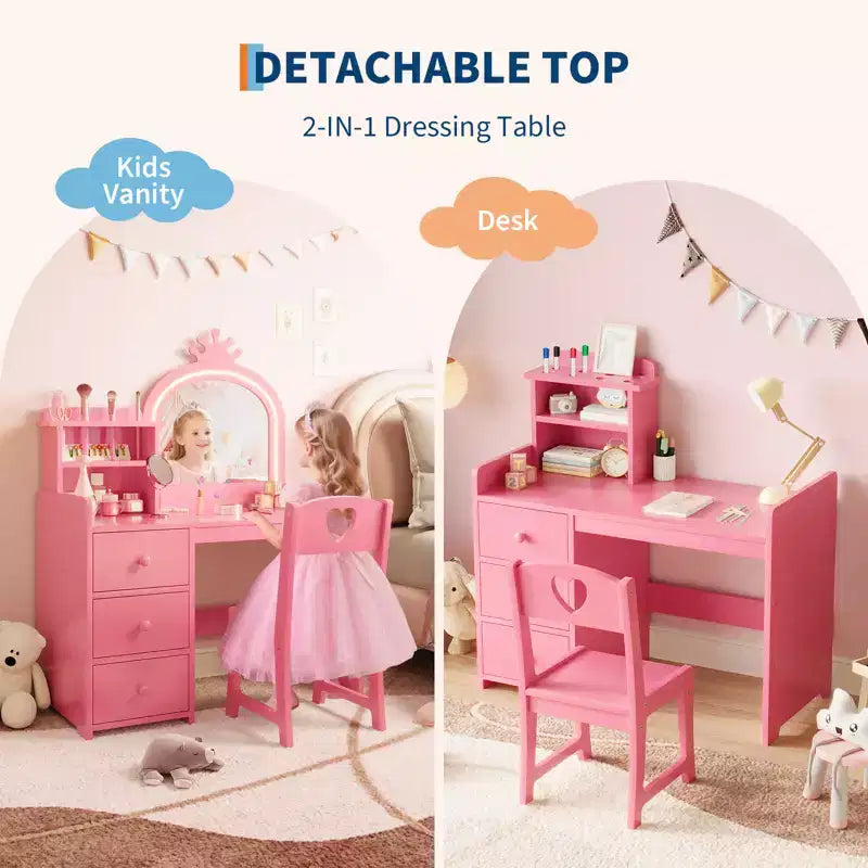 Bureau d'étude pour enfants avec chaise miroir - Bureau de toilette de princesse rose