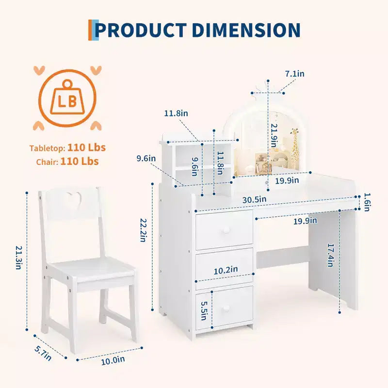 Bureau d'étude pour enfants avec chaise miroir - Bureau de toilette de princesse rose