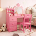 COZONY Kids Study Desk with Mirror & Chair - Pink Princess Vanity Desk, Storage Shelves & Drawers, 2-in-1 Dressing Table