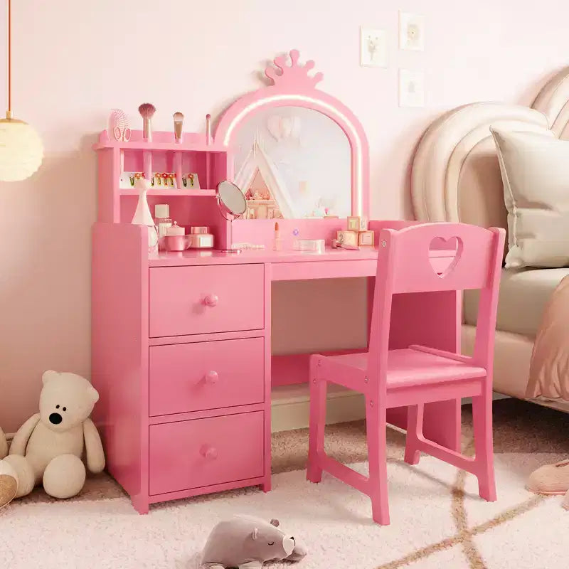 COZONY Kids Study Desk with Mirror & Chair - Pink Princess Vanity Desk, Storage Shelves & Drawers, 2-in-1 Dressing Table