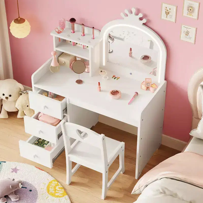 Bureau d'étude pour enfants avec chaise miroir - Bureau de toilette de princesse rose