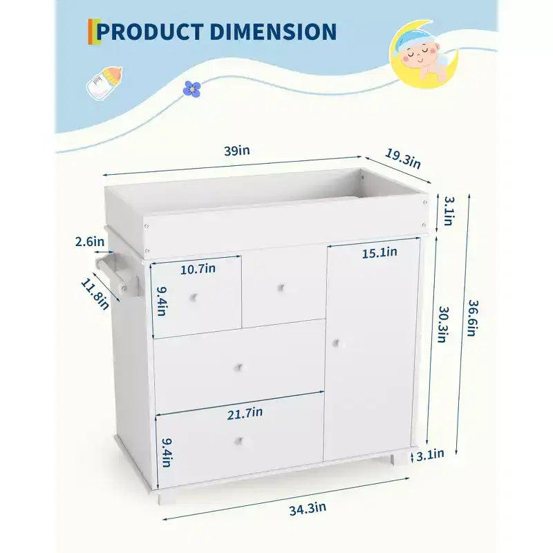 Commode à langer, commode de chambre de bébé avec 3 tiroirs et un placard