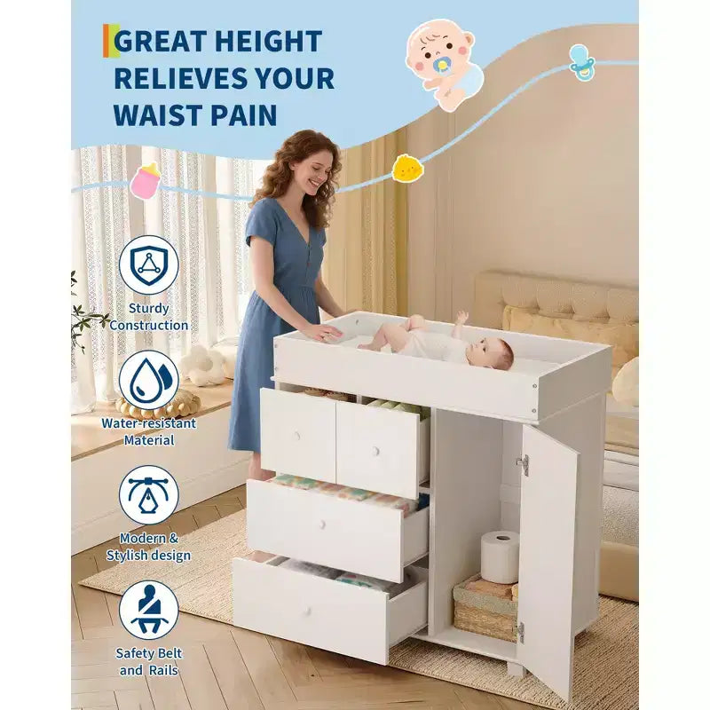 Commode à langer, commode de chambre de bébé avec 3 tiroirs et un placard