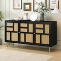 TROPOW Rattan TV Stand for TVs Up to 55 Rattan Doors Metal Support Legs Handles, Entertainment Center with Storage Console, Shoe Cabinets Black