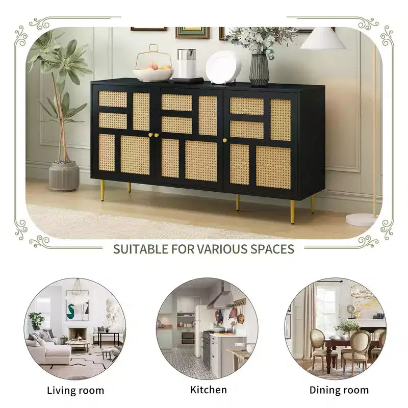 Meuble TV en rotin Portes en rotin Pieds en métal