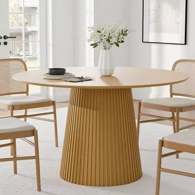 Table à manger ronde Table à piètement central moderne avec base conique cannelée et plateau en bois MDF