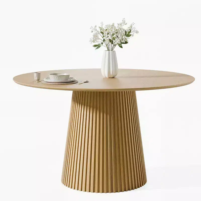 Table à manger ronde Table à piètement central moderne avec base conique cannelée et plateau en bois MDF