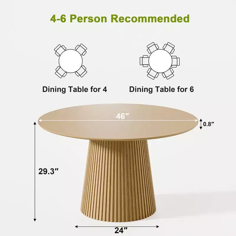 Table à manger ronde Table à piètement central moderne avec base conique cannelée et plateau en bois MDF