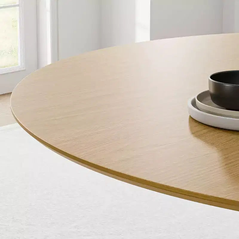 Table à manger ronde Table à piètement central moderne avec base conique cannelée et plateau en bois MDF