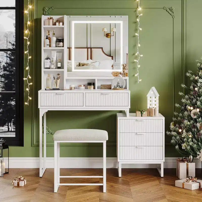 Coiffeuse avec miroir LED, 5 tiroirs, meuble latéral amovible et tabouret