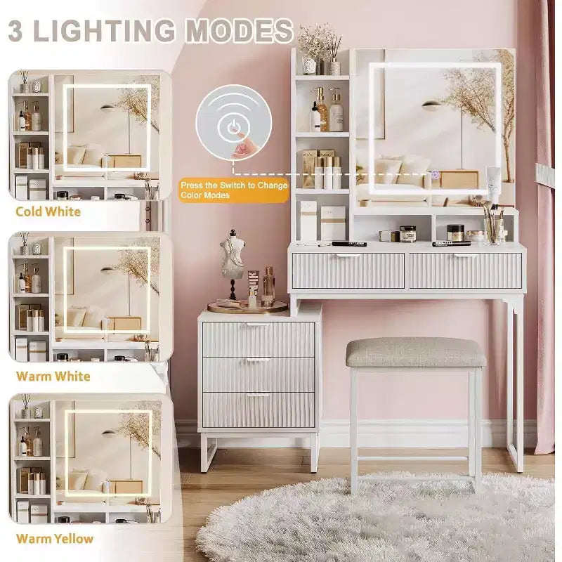 Coiffeuse avec miroir LED, 5 tiroirs, meuble latéral amovible et tabouret