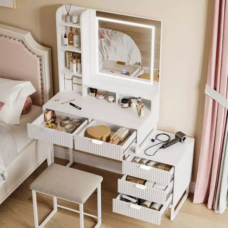 Coiffeuse avec miroir LED, 5 tiroirs, meuble latéral amovible et tabouret