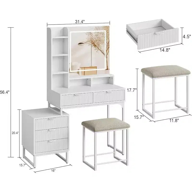 Coiffeuse avec miroir LED, 5 tiroirs, meuble latéral amovible et tabouret