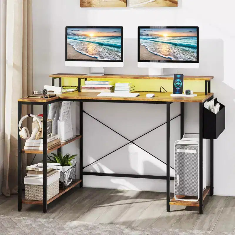 Bureau de jeu en L avec lumières LED et prises de courant Étagères de rangement