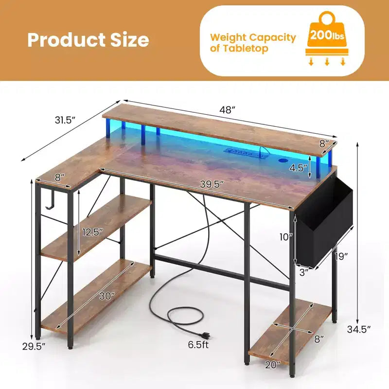 Bureau de jeu en L avec lumières LED et prises de courant Étagères de rangement