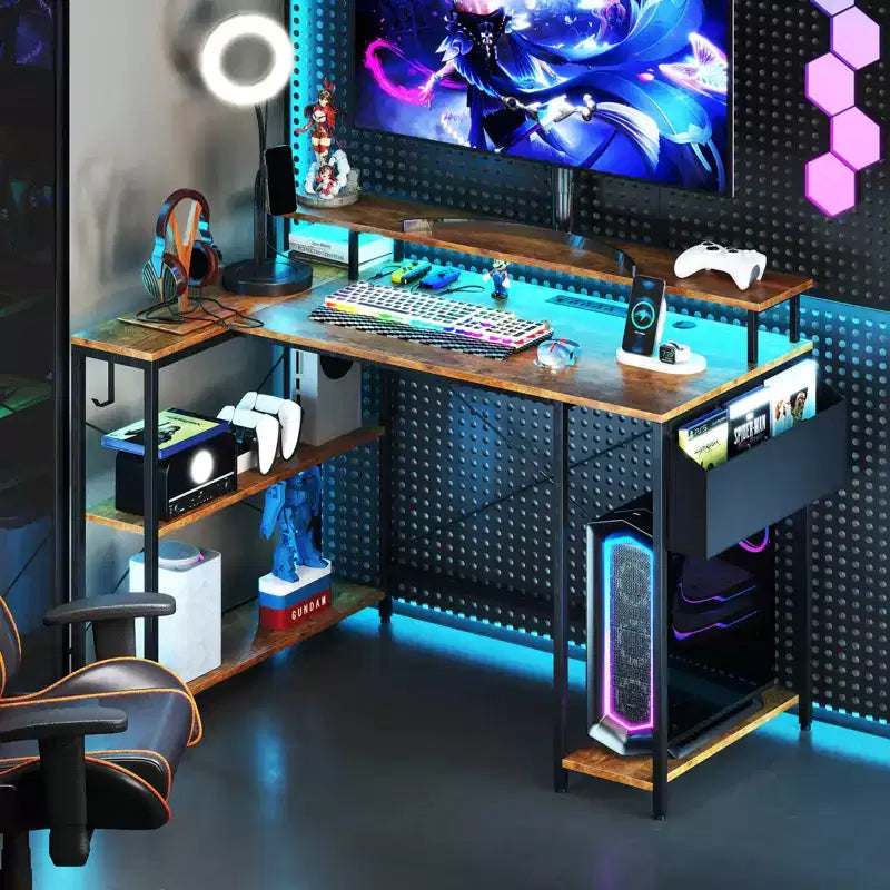 Bureau de jeu en L avec lumières LED et prises de courant Étagères de rangement