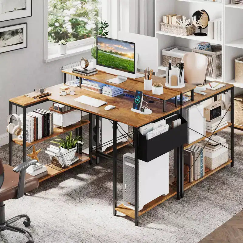 Bureau de jeu en L avec lumières LED et prises de courant Étagères de rangement