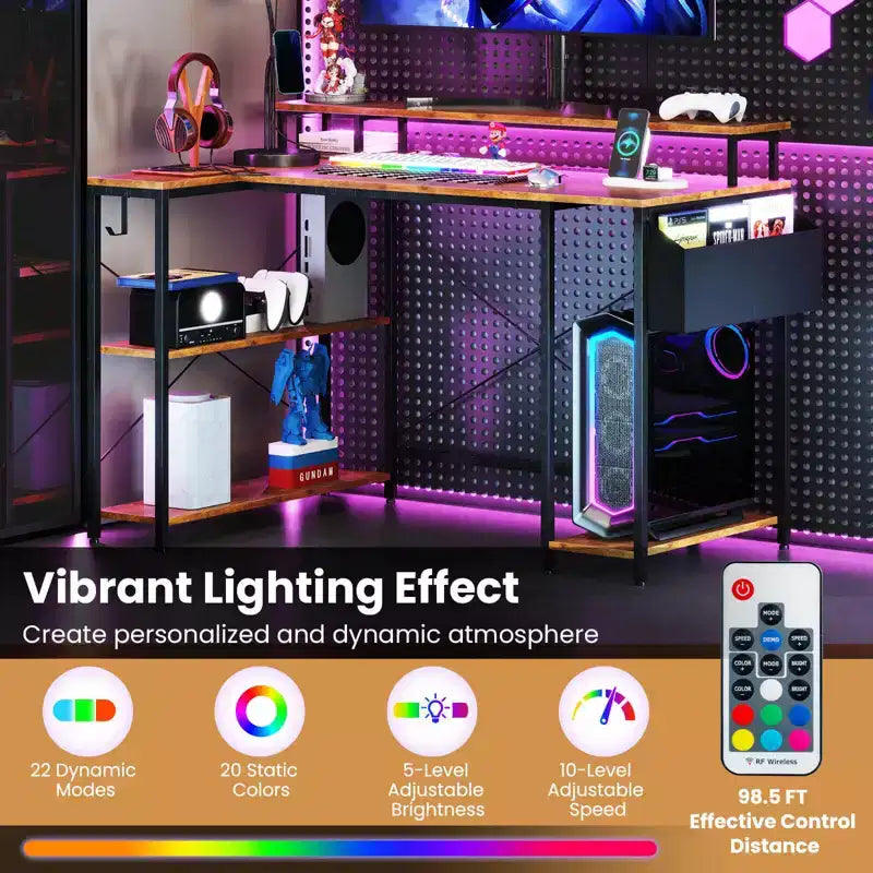 Bureau de jeu en L avec lumières LED et prises de courant Étagères de rangement