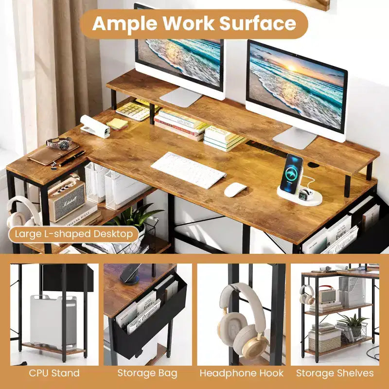 Bureau de jeu en L avec lumières LED et prises de courant Étagères de rangement