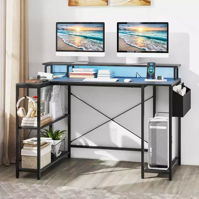 Bureau de jeu en L avec lumières LED et prises de courant Étagères de rangement