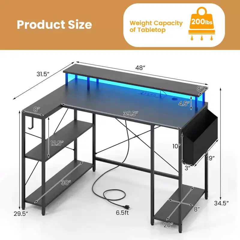 Bureau de jeu en L avec lumières LED et prises de courant Étagères de rangement