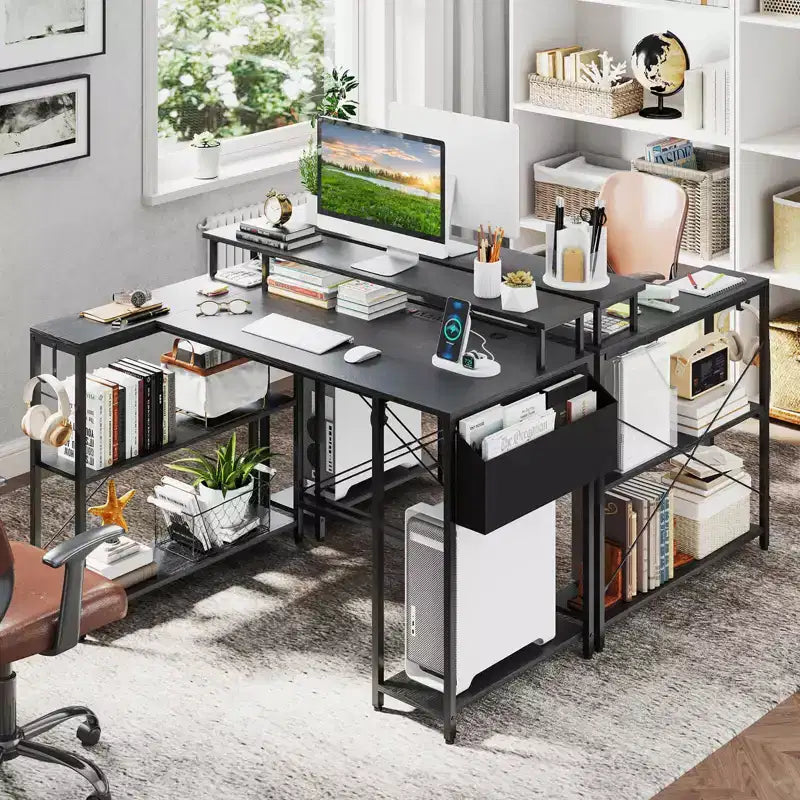 Bureau de jeu en L avec lumières LED et prises de courant Étagères de rangement
