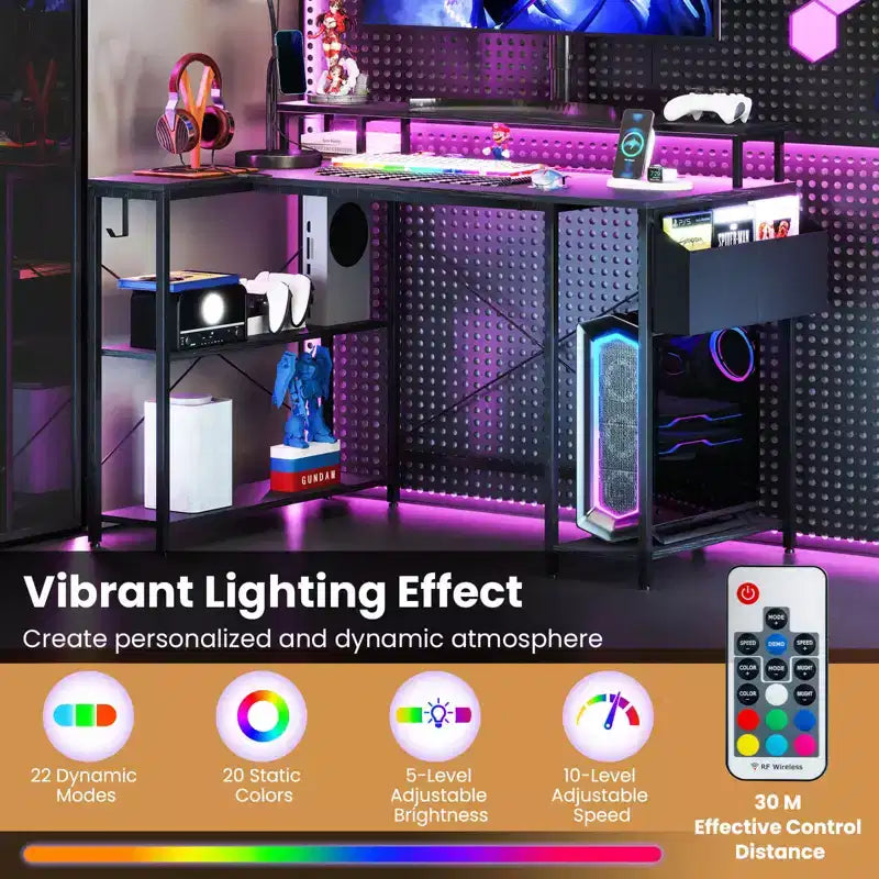 Bureau de jeu en L avec lumières LED et prises de courant Étagères de rangement