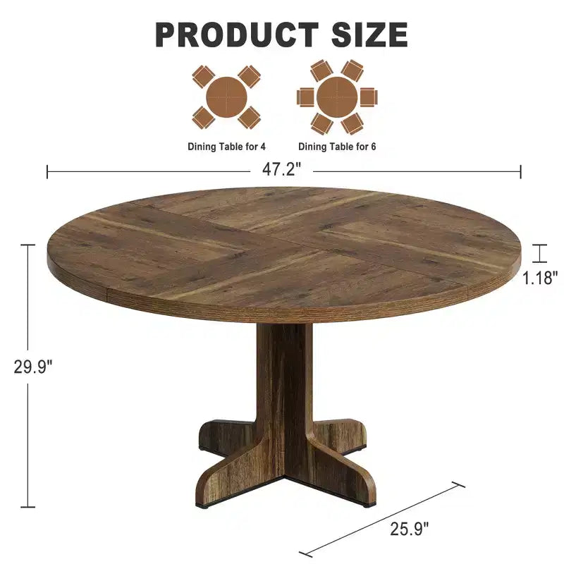 Table à manger ronde Table de cuisine circulaire de style rustique avec plateau en bois et base stable