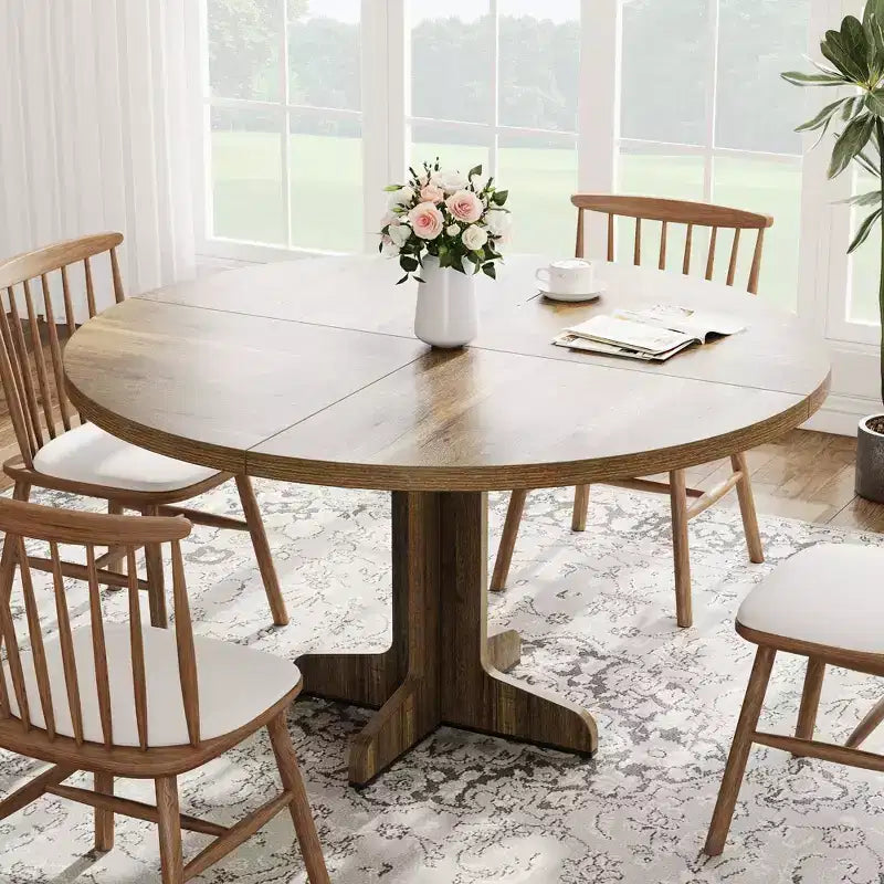 Table à manger ronde Table de cuisine circulaire de style rustique avec plateau en bois et base stable