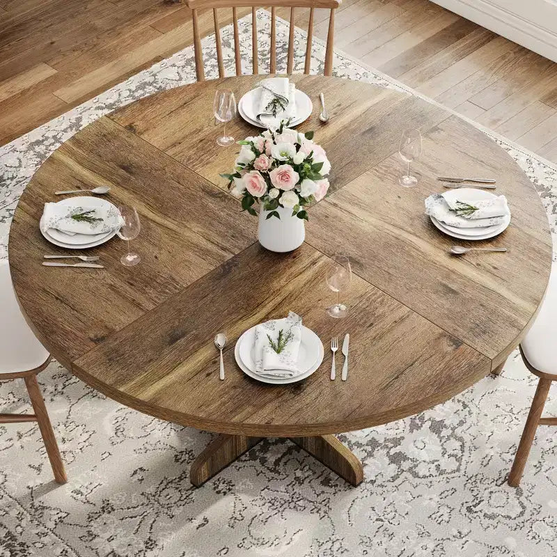 Table à manger ronde Table de cuisine circulaire de style rustique avec plateau en bois et base stable