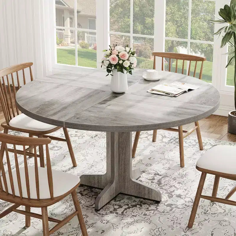 Table à manger ronde Table de cuisine circulaire de style rustique avec plateau en bois et base stable