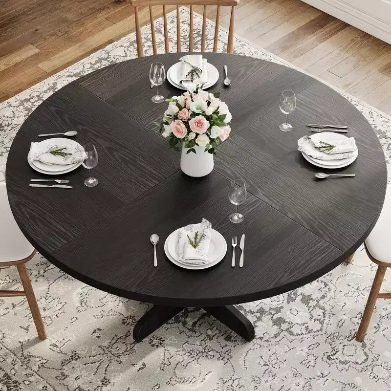 Table à manger ronde Table de cuisine circulaire de style rustique avec plateau en bois et base stable