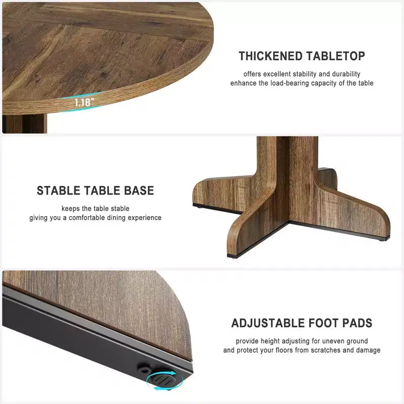 Table à manger ronde Table de cuisine circulaire de style rustique avec plateau en bois et base stable