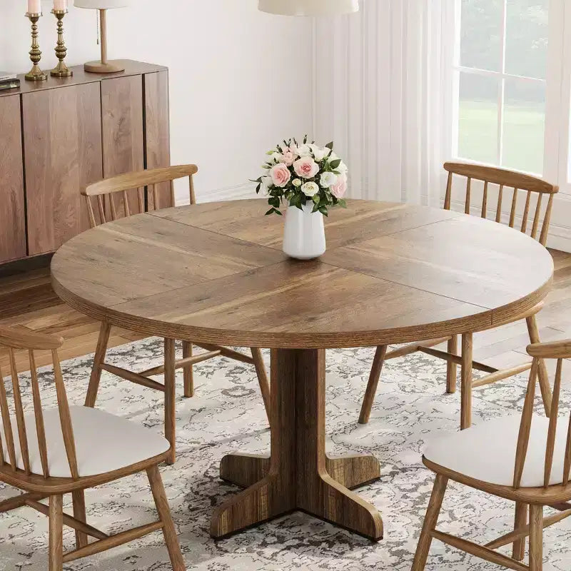 Table à manger ronde Table de cuisine circulaire de style rustique avec plateau en bois et base stable